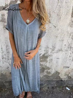 Stylish Cotton And Linen V - Neck Dress Grey / Xs