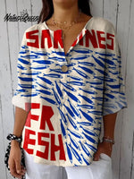 Women's Vintage Fish Art Print Casual Cotton And Linen Shirt