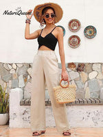 Women’s Linen High Waist Straight Wide Leg Summer Beach Pants Khaki / S