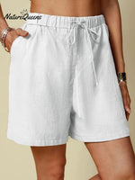 Cotton And Linen Solid Colour Casual Elastic Waist Tie Style Shorts White / S