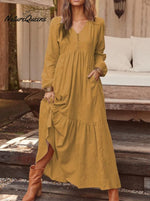 Cotton And Linen Retro Casual Long - Sleeved Dress Brown / S