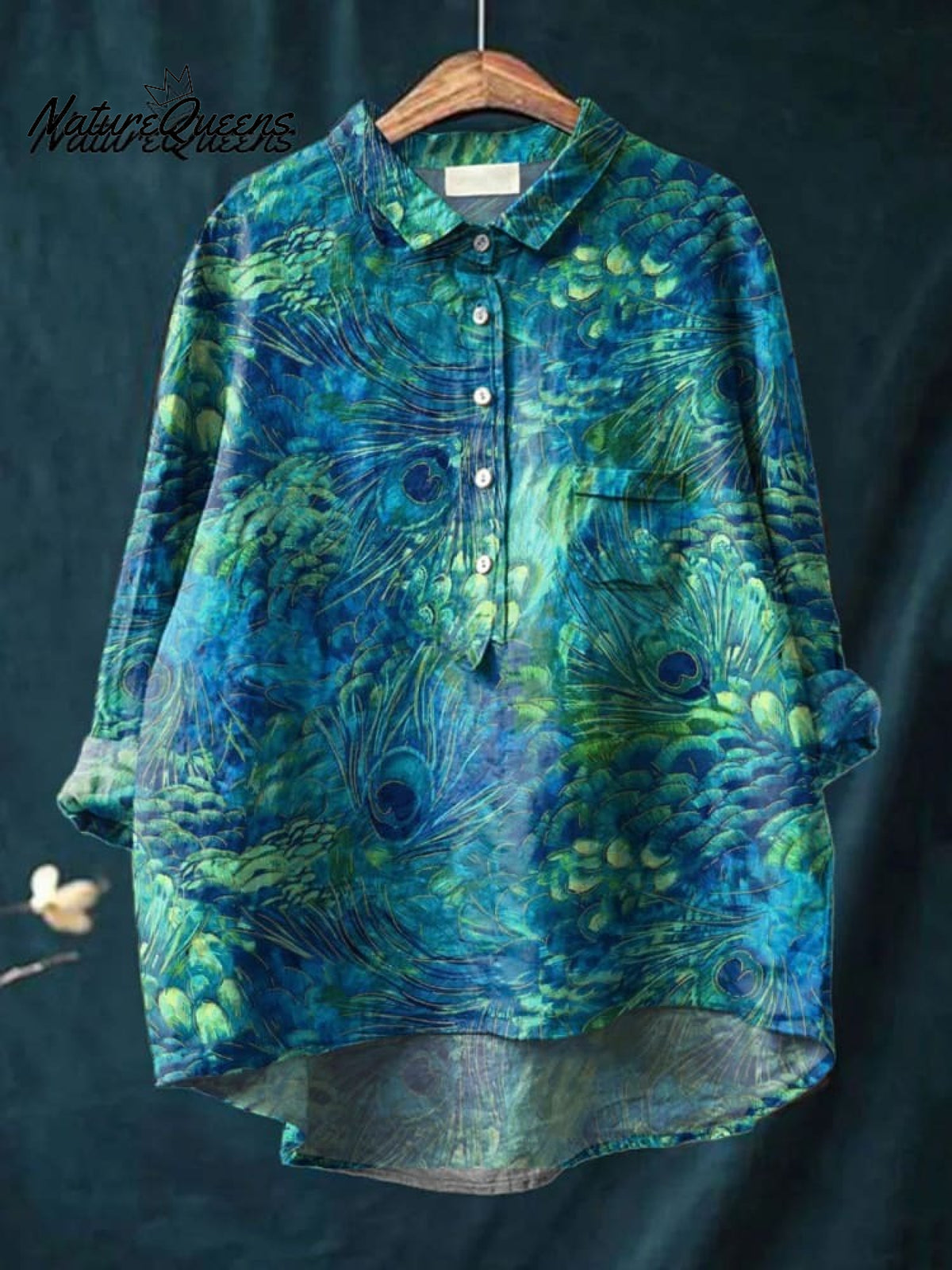Women's Peacock Feather Print Casual Cotton Linen Shirt