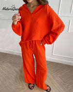 Casual Two-Pieces Outfits Solid Color Casual Top Loose Bootcut Trousers Pants Sets