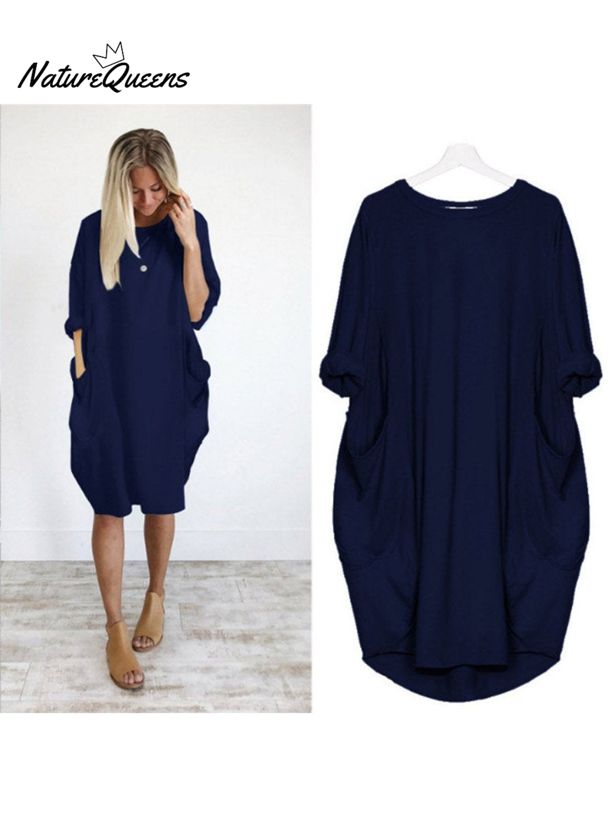 Women’s Solid Color Loose Elegant Casual Long - Sleeved Pocket Dress Navy / S