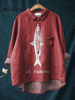 Sardine Fish Graphic Printed Women's Casual Cotton And Linen Shirt