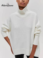 Women's Solid Color Stylish Long-sleeved Loose turtleneck Warm Casual Knitted Sweater