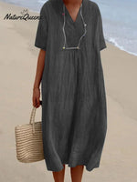 Women’s Solid Color Cotton And Linen Short Sleeve Dress Dark Grey / S