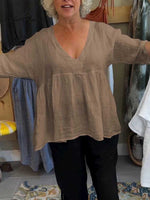 Women's Loose 3/4 Sleeve V-Neck Cotton and Linen Solid Color Shirt