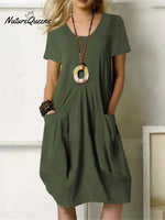 Women’s Round Neck Cotton Linen Casual Dress Green / S