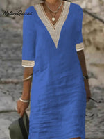 V - Neck Mid - Sleeved Cotton And Linen Casual Dress Blue / S