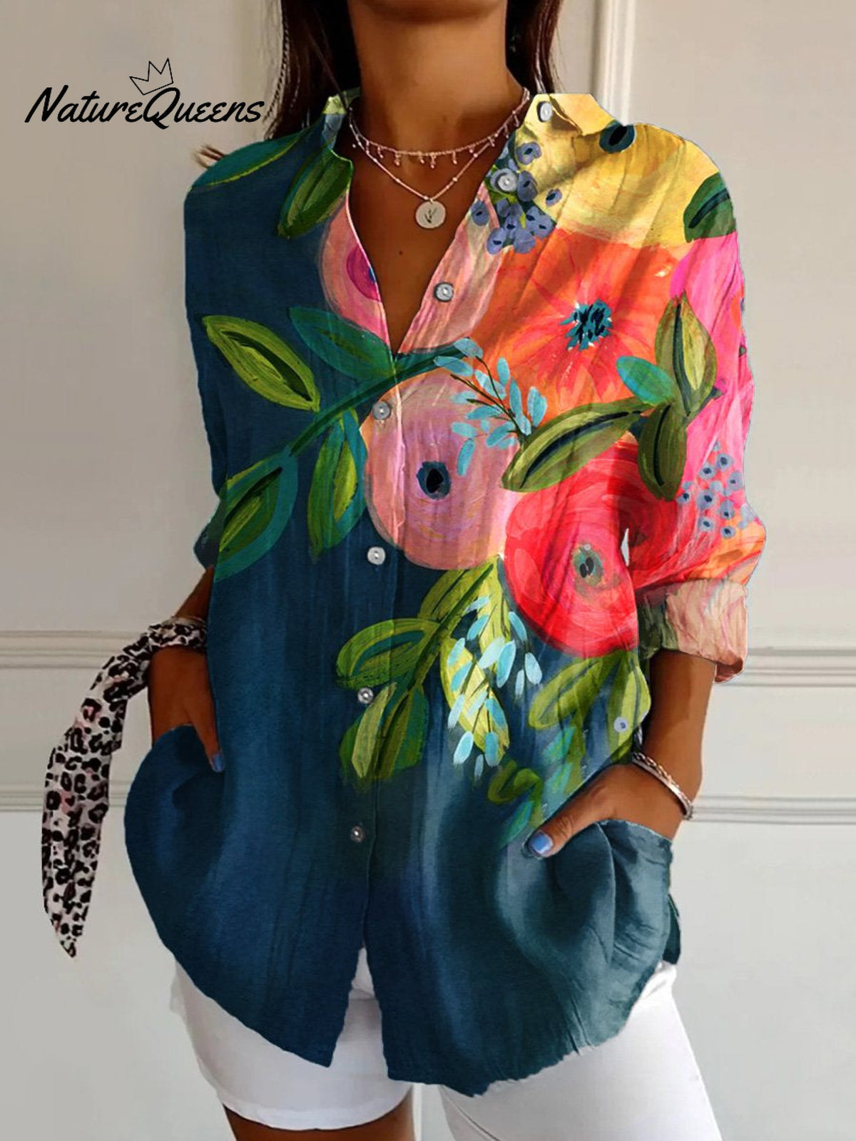 Women'sFloral ArtPrint Casual Cotton Shirt