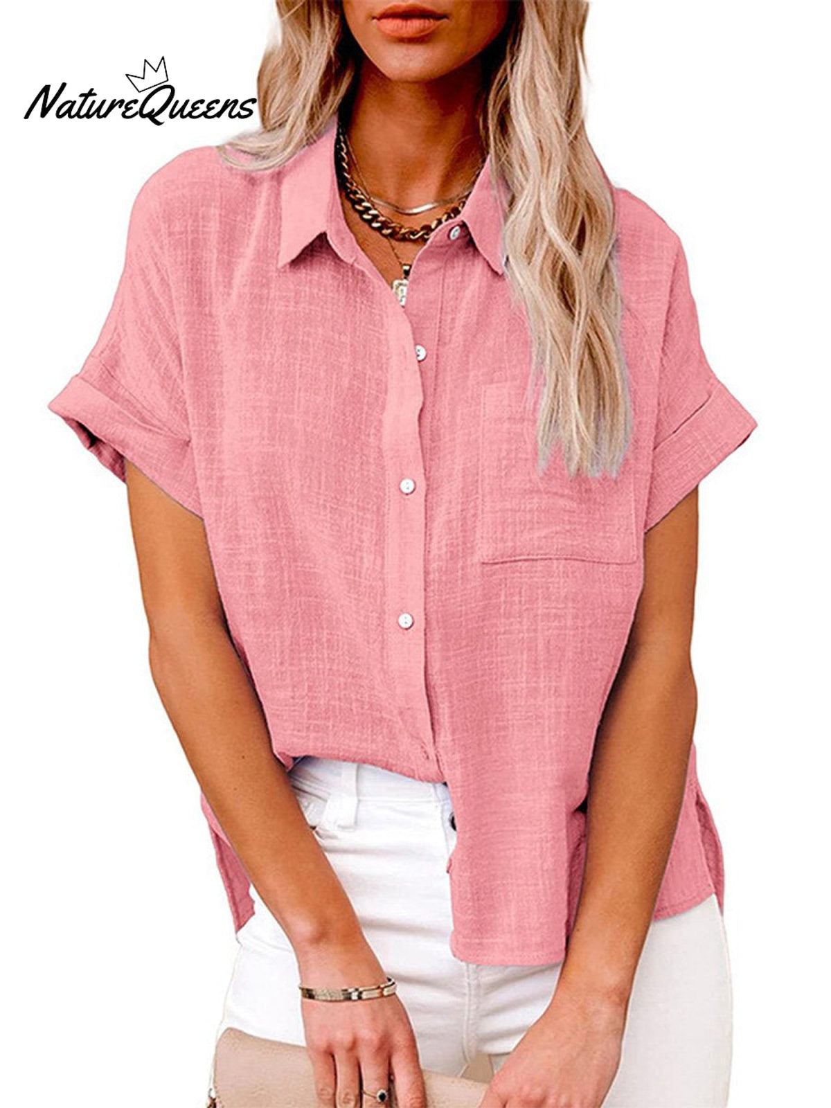 Women’s Solid Color Button Down Short Sleeve Shirt Pink / S