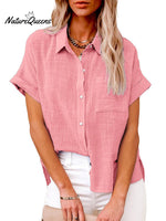 Women’s Solid Color Button Down Short Sleeve Shirt Pink / S