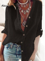 Women’s Solid Color Loose Elegant V - Neck Long - Sleeved Cotton Shirt Black / S