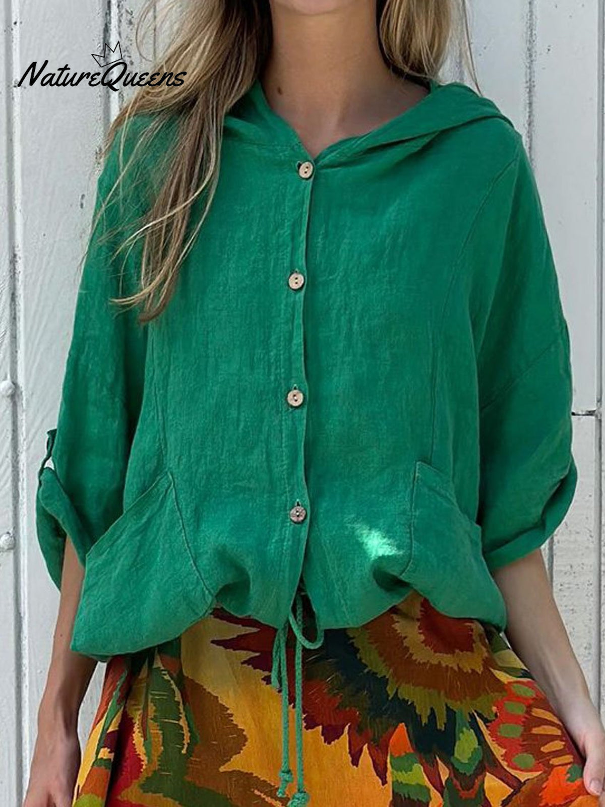 Women’s Hooded Drawstring Linen Casual Blouse Green / S