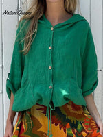 Women’s Hooded Drawstring Linen Casual Blouse Green / S