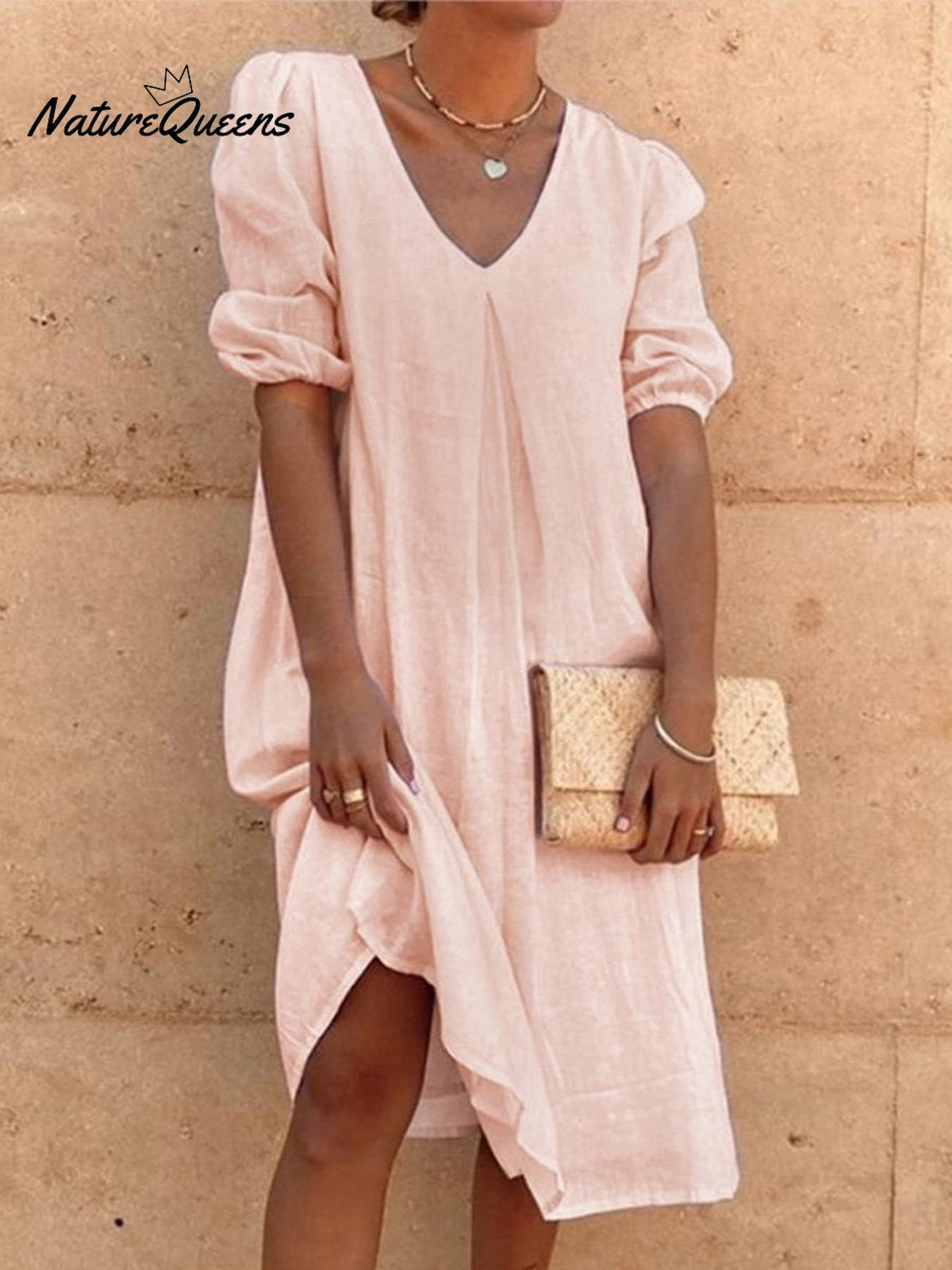 Cotton And Linen Solid Color Long Sleeve Casual Midi Dress