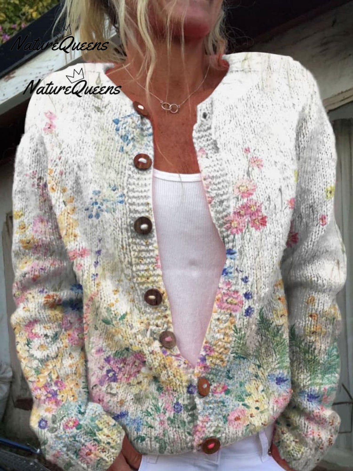 Watercolor French Rose Repeat Pattern Print Buttoned Cardigan Sweater