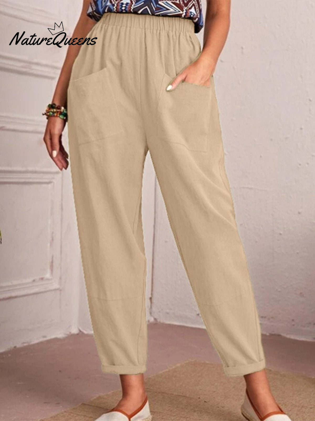 Cotton And Linen Elastic Waist Pocket Tapered Pants Khaki / S