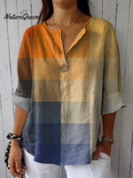 Women's Blue Yellow Gradient Mosaic Abstract Art Casual Cotton Linen Shirt