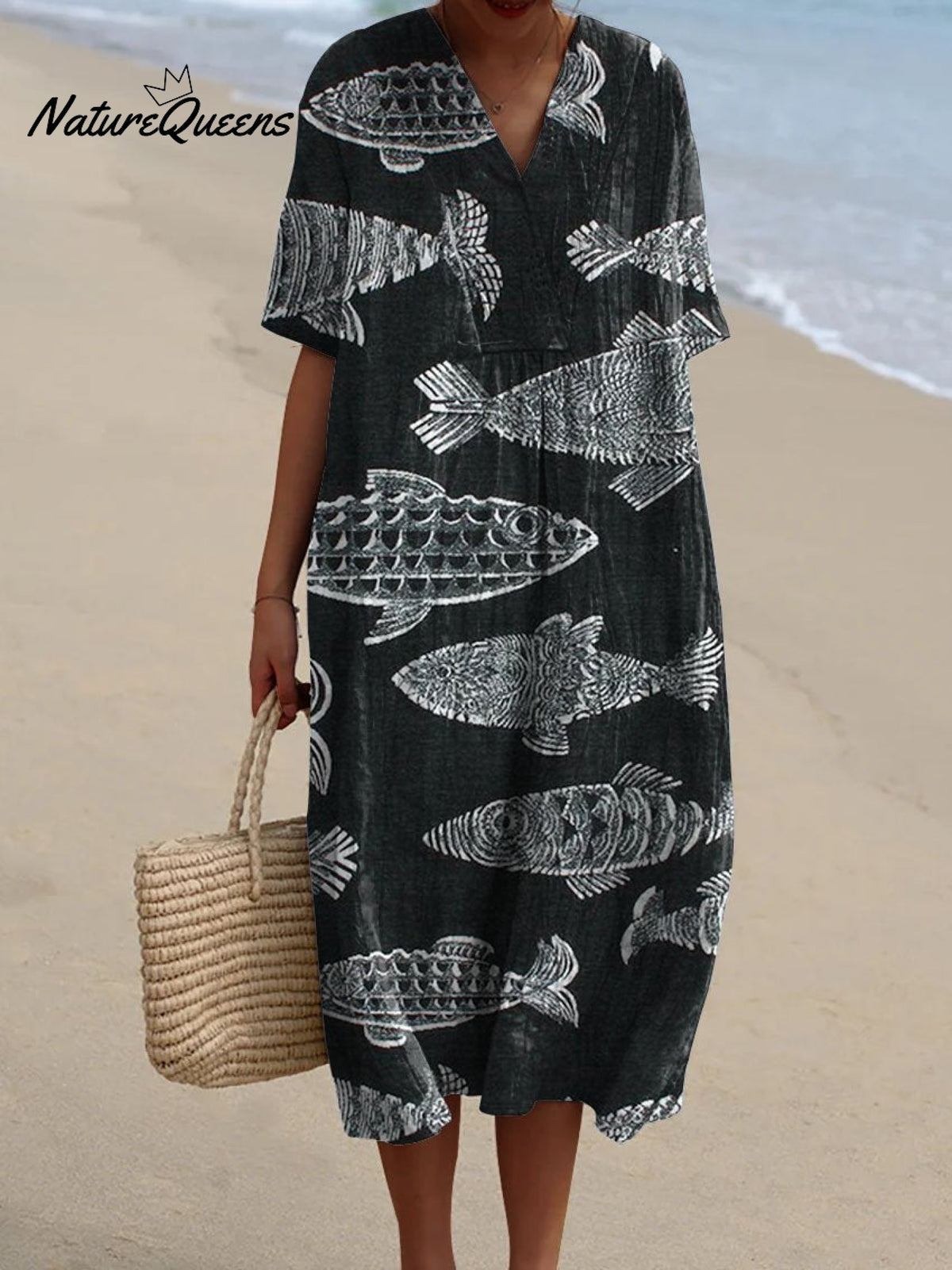 Women's Vintage Lovely Fish Art Print Flowy Dress