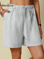 Cotton And Linen Solid Colour Casual Elastic Waist Tie Style Shorts Grey / S