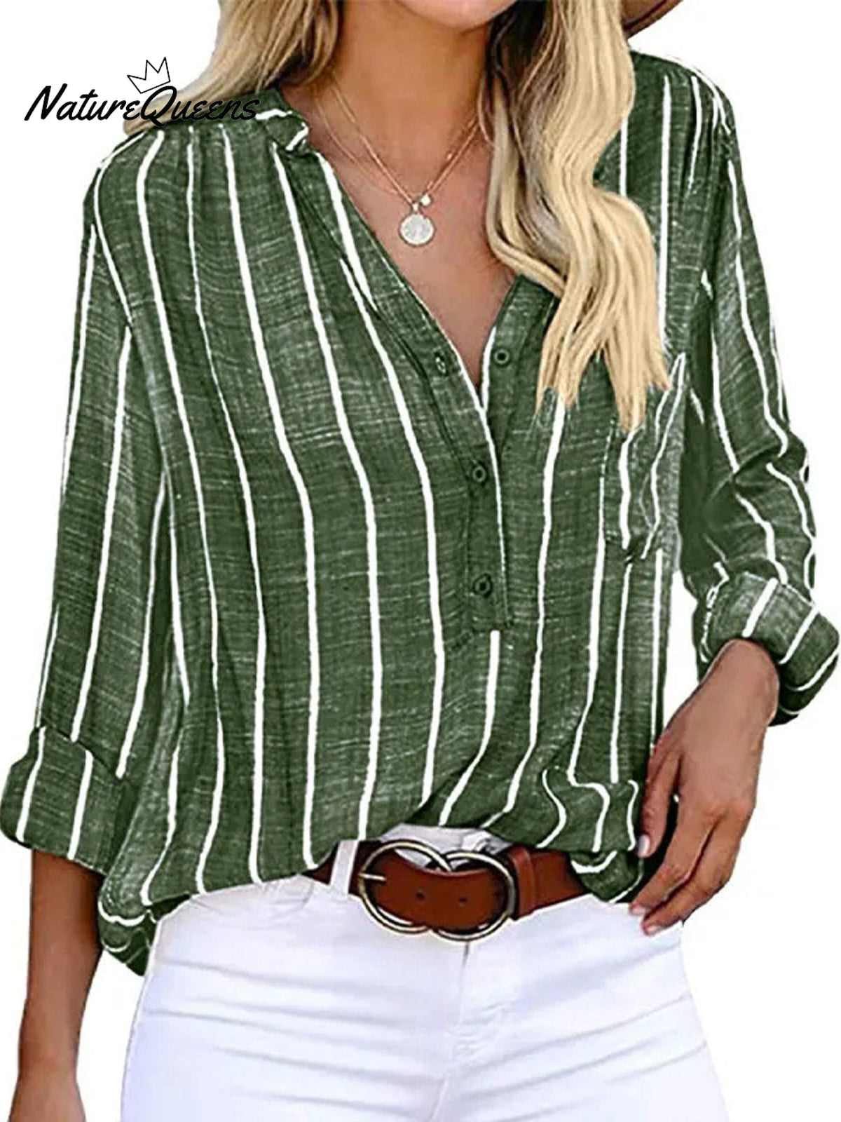 Women‘s Long Sleeve Blouse Ladies Fashion V - Neck Stripe Shirt Green / S
