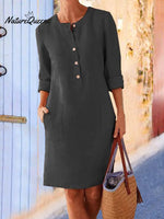 Spring Cotton And Linen Round Neck Long Sleeve Dress Black / S