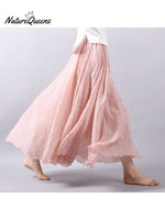 Women’s Cotton Linen Skirt Casual Elastic High Waist Pleated A-Line Beach Skirts Coral / S