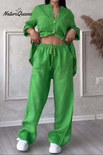 Casual solid color cotton and linen pants two-piece set