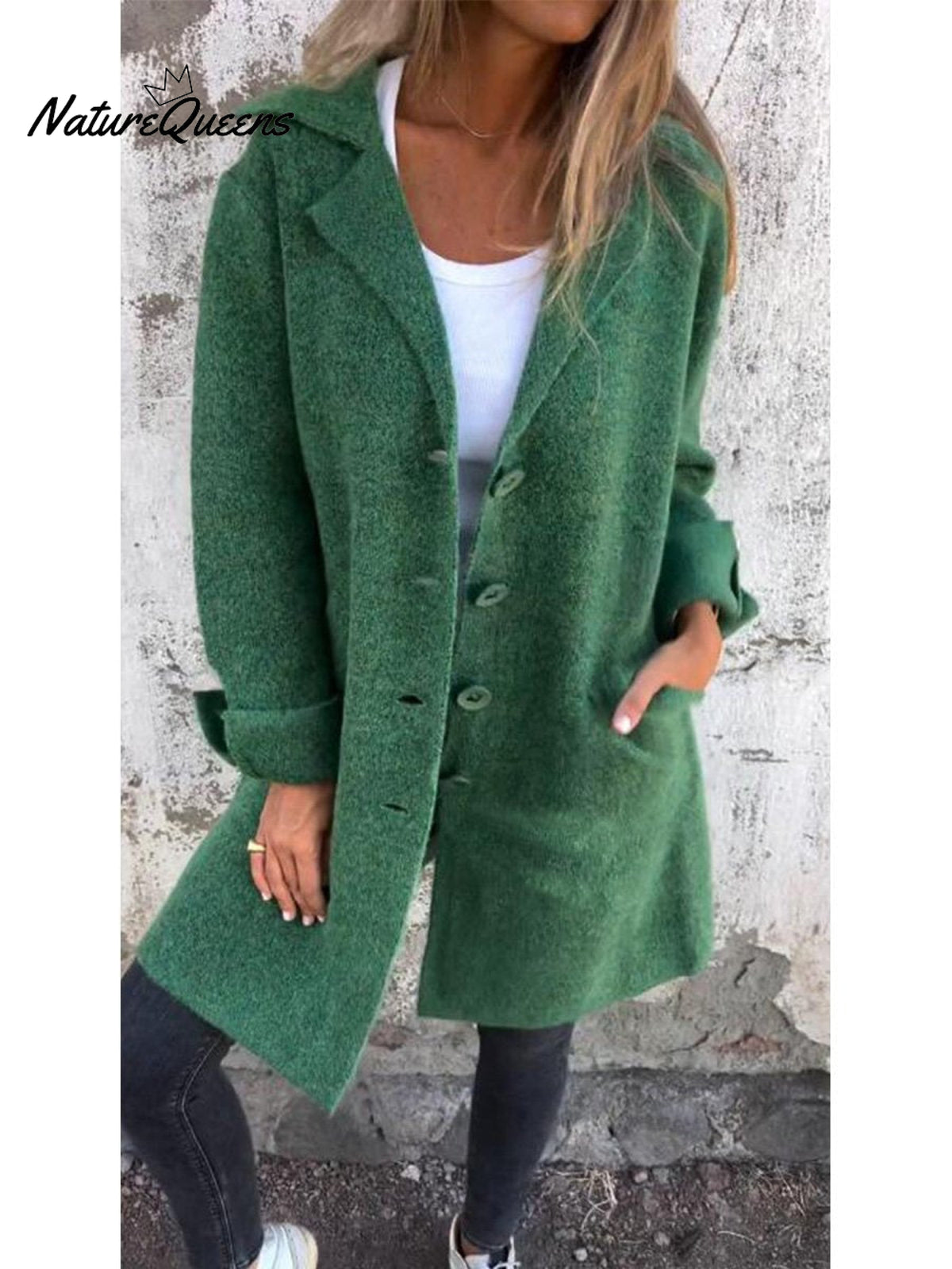 Women's Solid Color Lapel Cardigan with Pockets Single Breasted Mid-Length Jacket