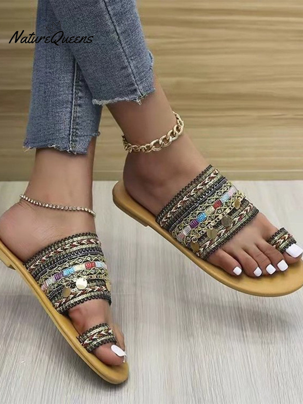 Women’s Set - Toe Bohemian Ethnic Slippers Black / 36