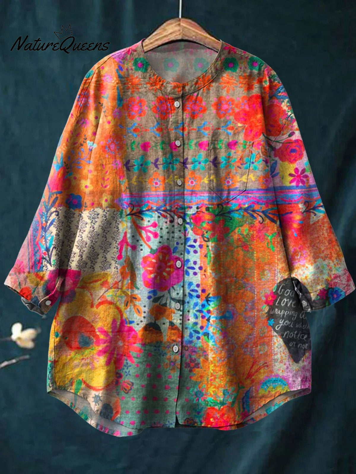 Women's Vintage Flower Art Print Casual Cotton And Linen Shirt