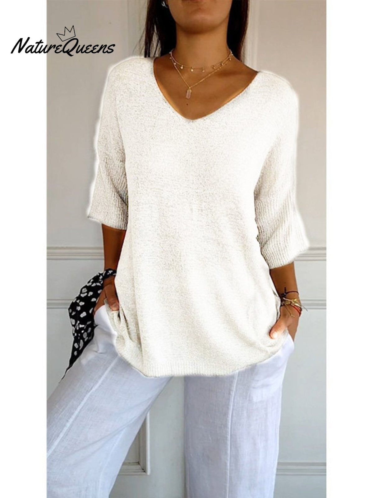 Women’s Solid Color Knitted 3/4 Sleeve V - Neck Top White / S