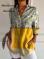 Women's Yellow Color-blocked Dots Art Watercolor Splash Fluid Art Print Flowy Dress