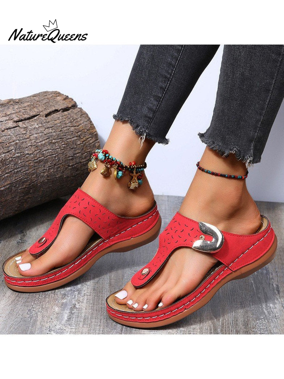 Women’s Round Head Hollow Out Metal Buckle Comfortable Herringbone Slippers Red / 36