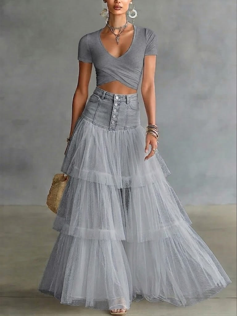 Stylish Casual Spliced mesh Denim Skirt