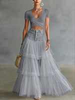 Stylish Casual Spliced mesh Denim Skirt