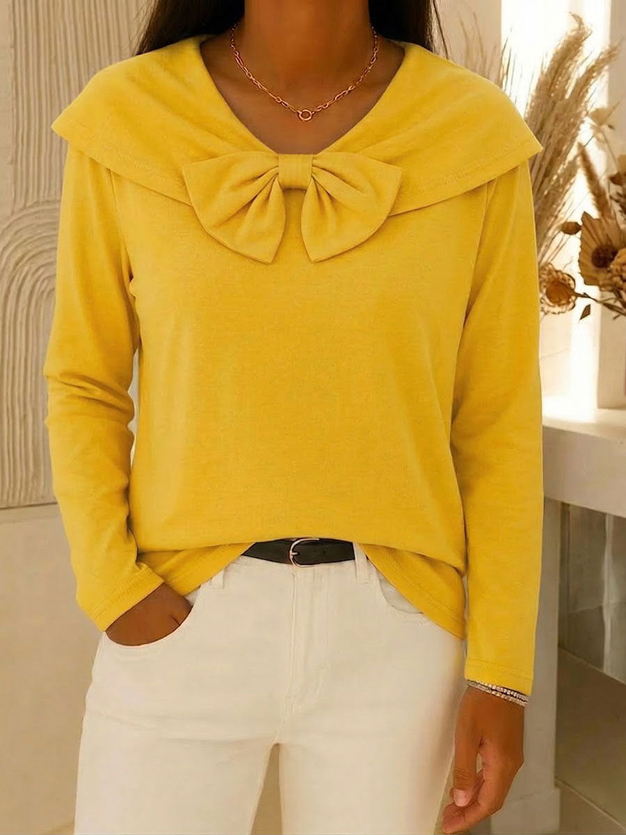 Women's Solid-color V-neck Long-sleeve Loose-fit Cotton Casual Top