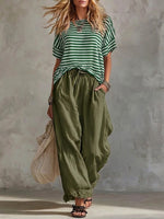 Casual Striped Cotton T-shirt And Lace-paneled Linen-cotton Trousers Two-piece Set