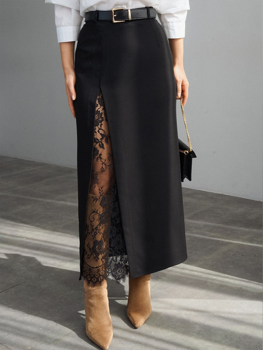Women's Solid-color High-waisted Casual Loose Lace-panel Skirt