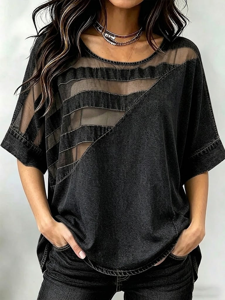 Stylish Casual Spliced organza And Denim Top