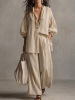 Women's Bohemian Loose Striped Cotton And Linen Set