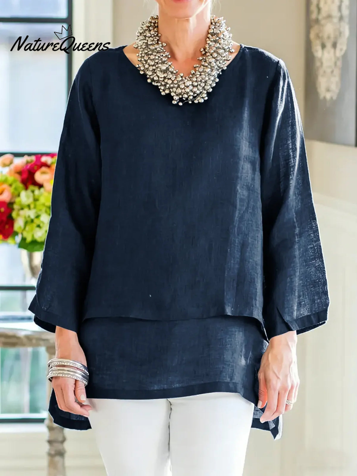 Women's Solid Color Round Neck Long-sleeved Casual Loose Cotton And Linen Patchwork Top