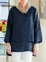 Women's Solid Color Round Neck Long-sleeved Casual Loose Cotton And Linen Patchwork Top