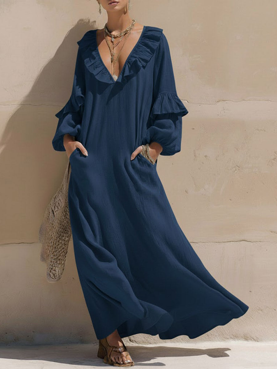 Women's Solid Color Ruffle V-neck Long-sleeved Casual Loose Cotton And Linen Dress