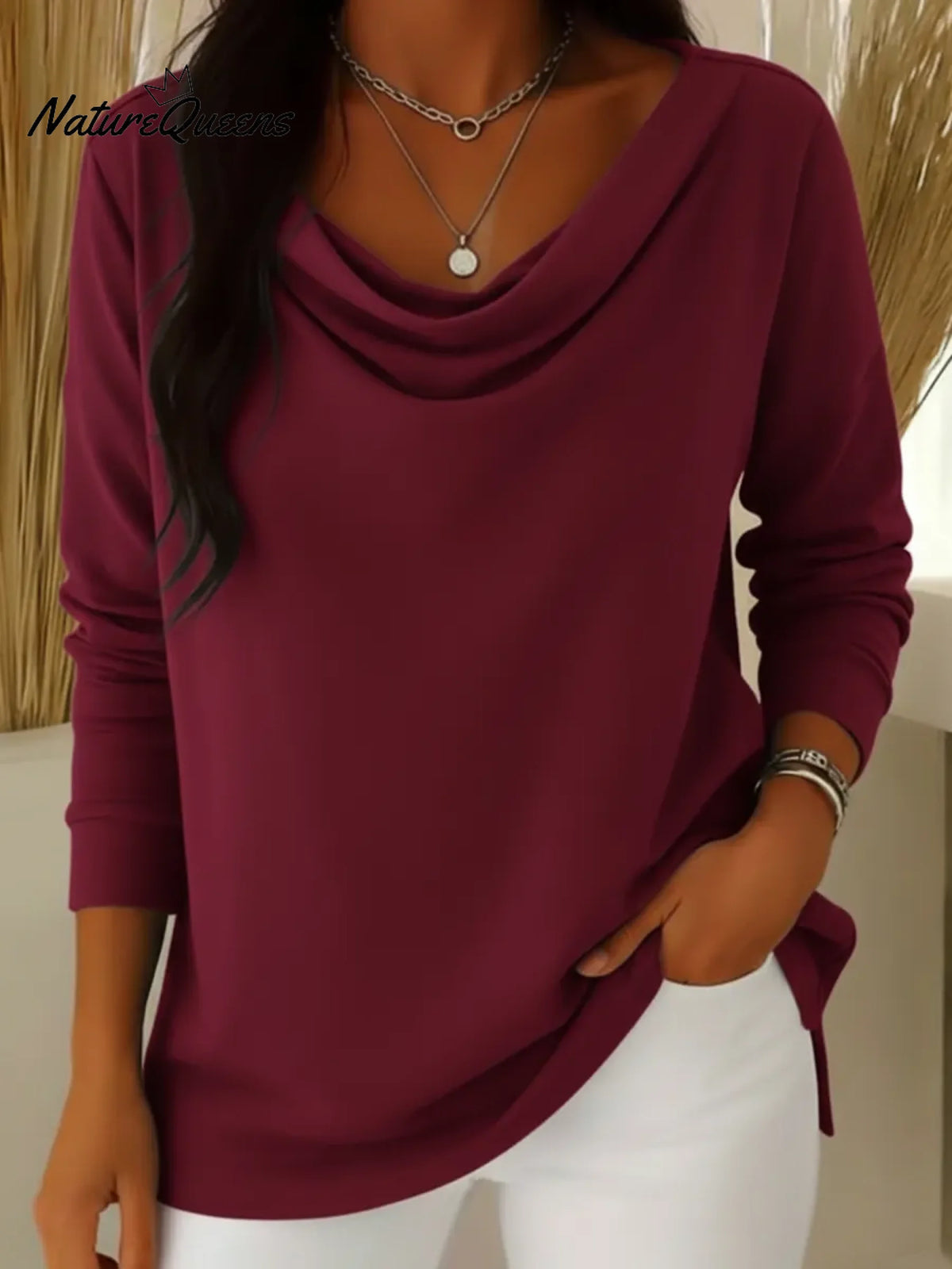 Elegant Draped Collar Solid Color Top