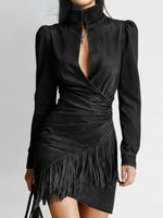 Retro Sexy Stand-collar Denim Mini Dress With Fringe Hem