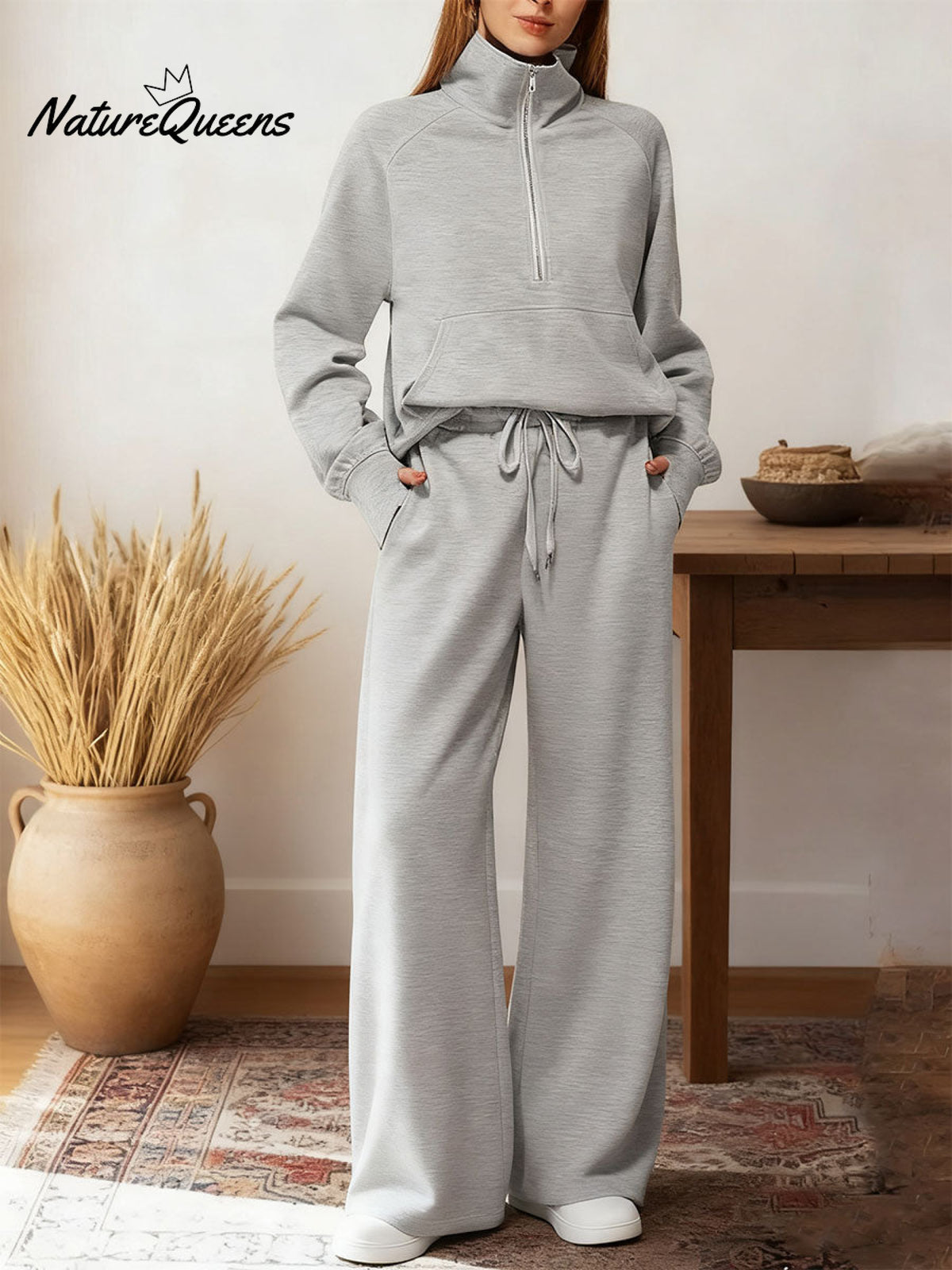 Women's Two-piece Set Half-zip Sweatshirt Wide-leg Pants Casual Suit.
