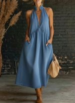 Retro Stand-collar 100% Cotton Denim Midi Dress